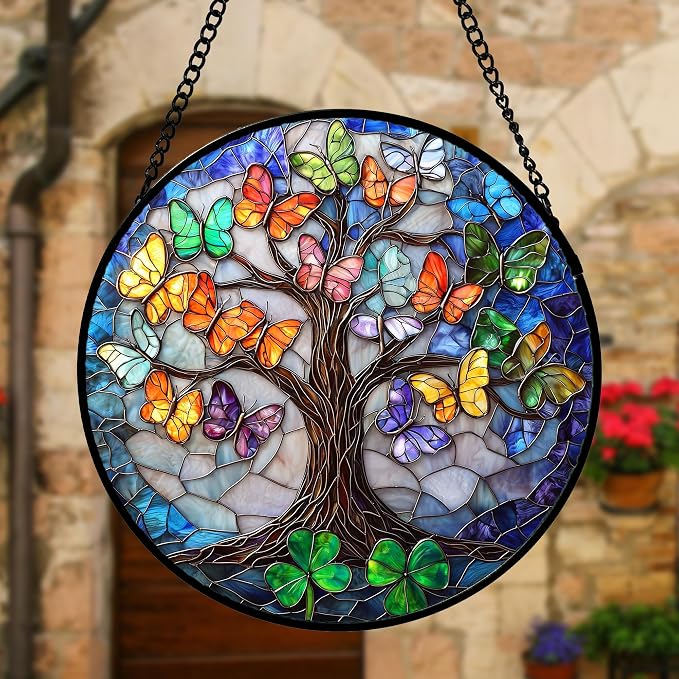 DASTOLL Stained Glass Window Hanging, Butterfly Tree Clover Sun Catchers Glass - Image 2