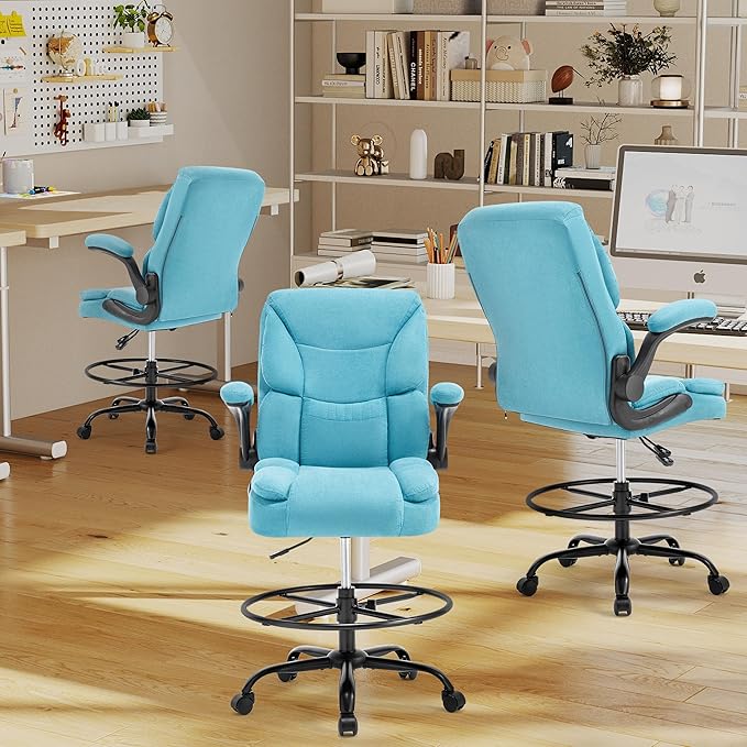 500LBS Drafting Chair, High Back Safer Standing Desk Chair, Executive Tall Office Chair with Flip-up Armrests, Upholstered Fabric Task Chair, Ergonomic Seat with Adjustable Height&Foot Ring, Blue