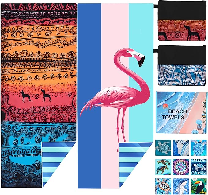 2 Pack Microfiber Beach Towel Oversized 71"x32" Sand Free Quick Dry Absorbent Lightweight Thin , Compact Towels for Travel Swimming Pool Yoga Gym Camping Beach Accessories Vacation Essentials Gift