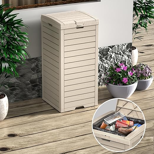 Vixzen 38Gallon Outdoor Trash Can with Lid,Waterproof Resin Waste Bin,Lightweight,Large Sturdy Garbage Bin for Patio,Kitchen,Backyard,Gray