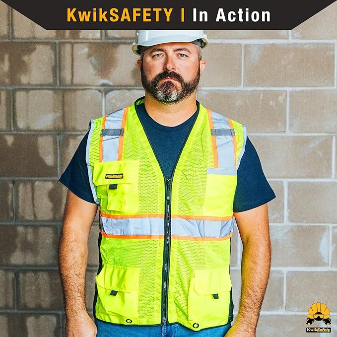 KwikSafety - Charlotte, NC - BIG KAHUNA Safety Vest [2 PACK] Class 2 ANSI OSHA Reflective Vest Durable High Visibility Vest Construction Safety Vest for Men Industrial Work Gear/Yellow Medium