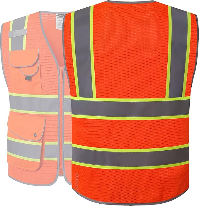 JKSafety 9 Pockets Hi-Vis Reflective Safety Vest | Mesh Fabric | Fluorescent Orange Color with Neon Yellow Extended Trims | ANSI/ISEA Compliance (100-Orange, 5XL)