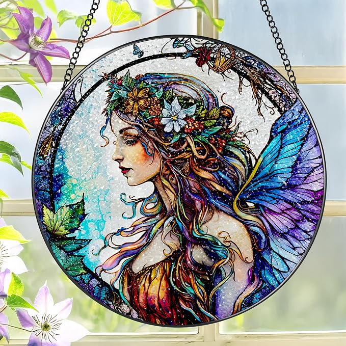 Stained Glass Window Hanging, LAOWEIKI 8'' Fairy Suncatcher, Stained Glass by Unknown