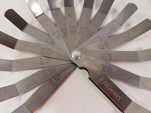 Offset Feeler Gauge Set - 16 Blades for Gap Width or Thickness, .005-.020 inch / .127-.508 mm, Inches & Millimeters Imprinted