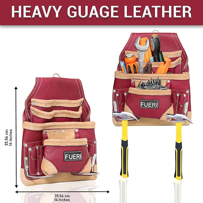 FUERI Leather Tool Belt Bag Men Pouch Heavy Duty Tools Pouches Organizer for Carpenter Construction Electrician Belts Bags Holder (16 Pocket Maroon, Adjustable)