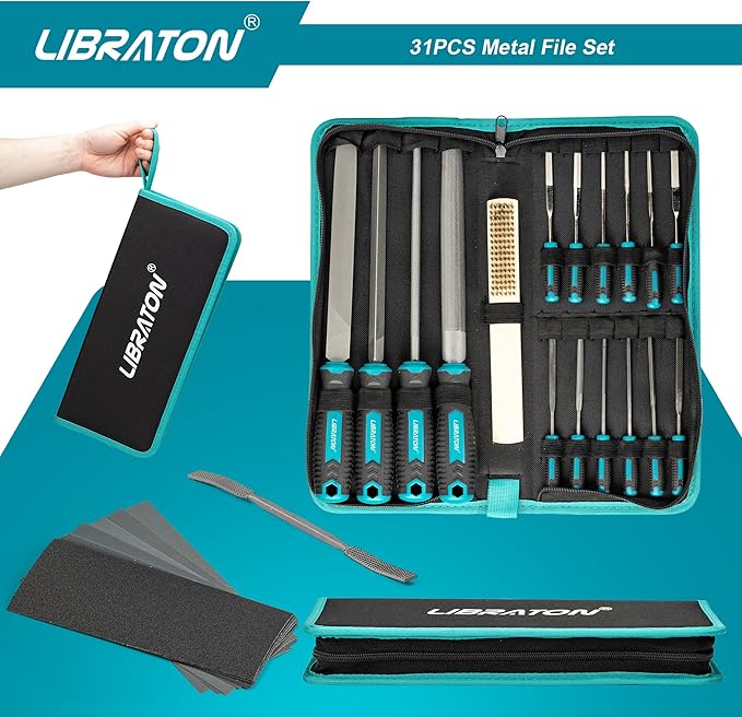 Libraton 31PCs Metal File Set, Metal Files, Metal Files for Steel, 12 Needle Files with Case, Riffler File, 12 Sandpapers, Steel Brush, File Sets for Wood and Metal, for Metalworking & Woodworking