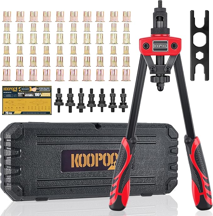 14" Rivet Nut Tool Kit, Heavy-Duty Rivnut/Nutsert Tool with 7 Mandrels (M6, M8, M10, 1/4"-20×2, 5/16"-18, 3/8"-16) & 70 Rivet Nuts, Rugged Rivnut Tool Kit with Carrying Case (14" Rivet Nut Tool Kit)