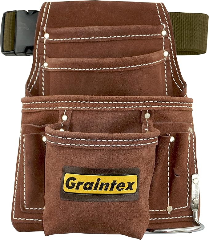 Graintex PL45S 10 Pocket Nail and Tool Pouch Suede Leather with 2" Webbing Belt