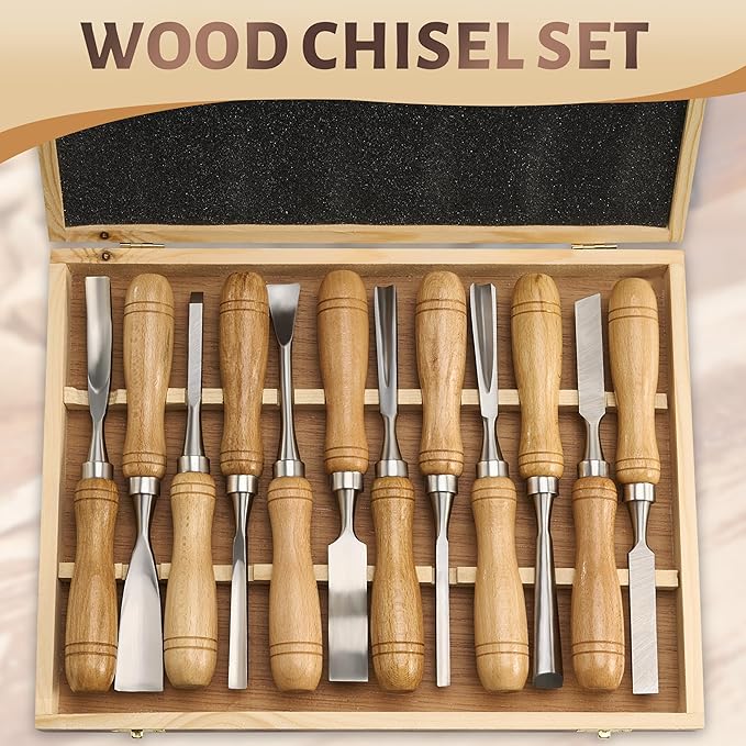 Wood Chisel Sets - 12 Pcs Wood Chisels for Woodworking with Solid Wood Handle, 60CR-V Sharp Blades, Tight Connection, Ideal for Soft and Hard Laminated Wood Projects
