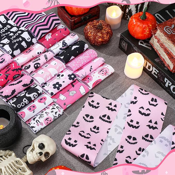 Hosuly 40 Pcs Pink Halloween Fabric Patchwork Roll Halloween Pumpkin Ghost - Image 3