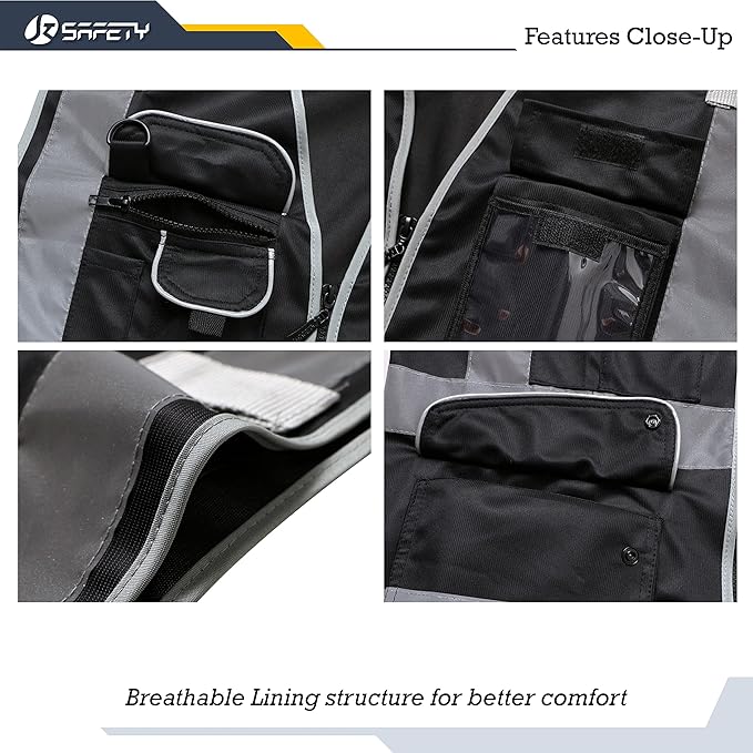 JKSafety 9 Multi-Functional Pockets Zipper Front Safety Vest With Reflective Strips Meet ANSI/ISEA Standards (150-Black, XX-Large)