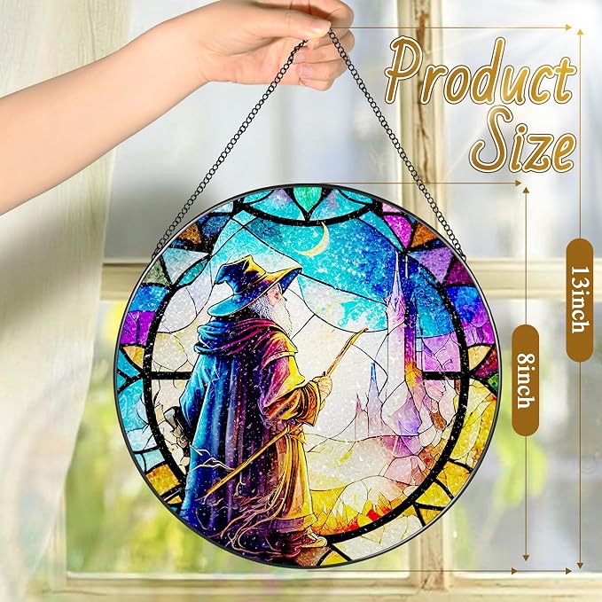 Stained Glass Window Hanging, LAOWEIKI 8'' Witch Suncatcher, Stained Glass - Image 4