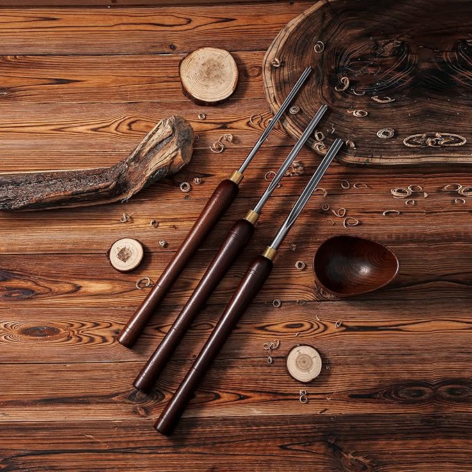 Woodturning Bowl Gouge Set, 3 Pieces 22.5” Wood Lathe Bowl Turning Tools, 1/4 Flute, 3/8 Flute, and 1/2 Flute, with High Speed Steel Blades, Beech Handles and Brass Ferrules, in Wooden Storage Case