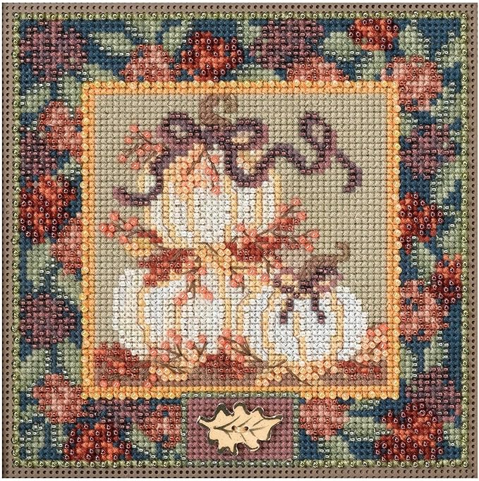 White Pumpkins Beaded Counted Cross Stitch Kit MH144205 Mill Hill Buttons & by Mill+Hill