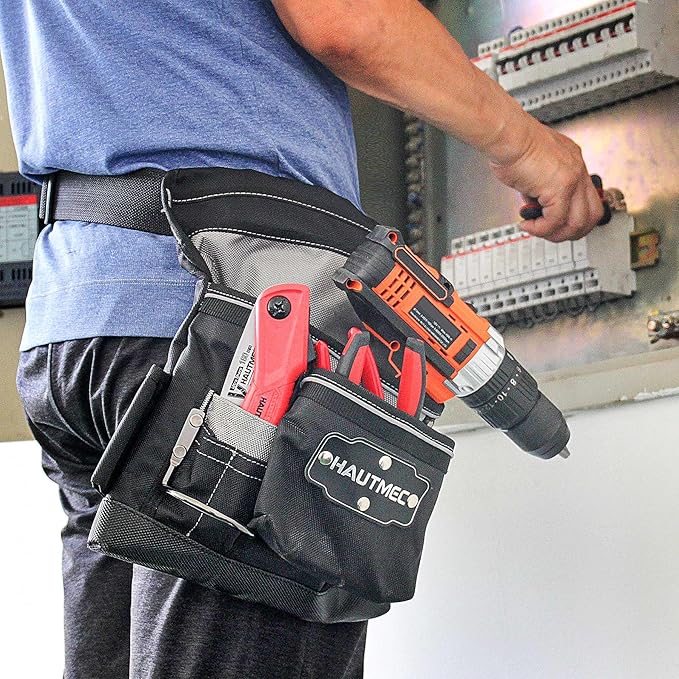 HAUTMEC Heavy Duty Framing Tool Belt Electrician Tools Pouch Organizer Work Belts For Men, 12-Pocket 1680D Tool Bag with Waist Strap Hammer Holder and 360°Reflective Strips, Black