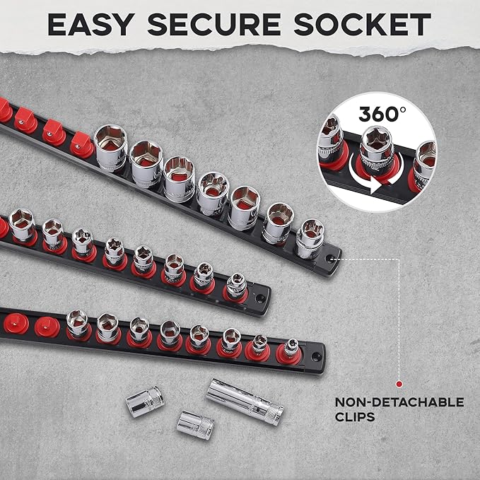 3-Piece Magnetic Socket Organizer, Heavy Duty Aluminum Socket Rails Organizer, 360° Swivel Clips Socket Holder Kit for Tool Box, 1/2, 3/8, 1/4-Inch Socket Holder x 40 Clips (Red)