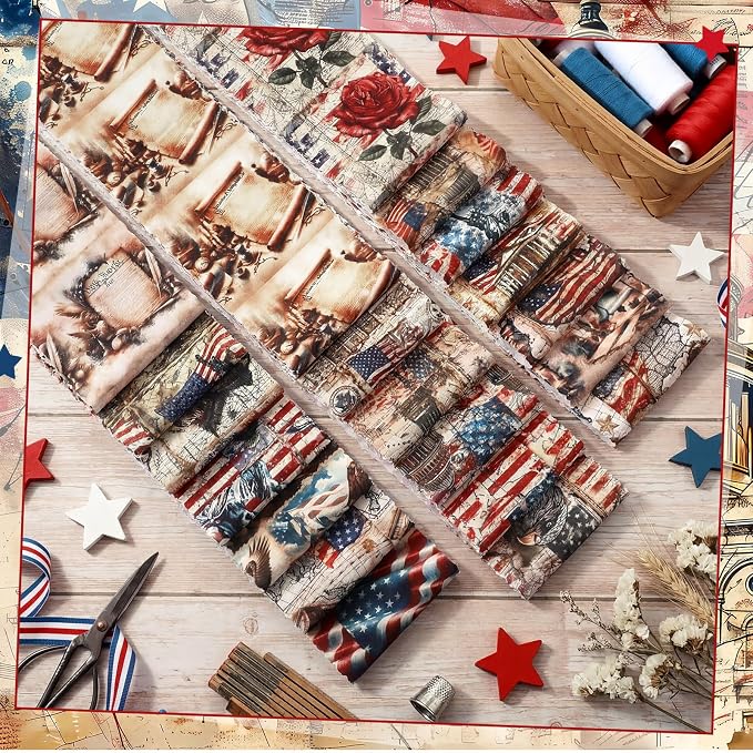 Hosuly 40 Pcs Vintage Patriotic Quilting Fabric Roll Red White Blue Americana - Image 4