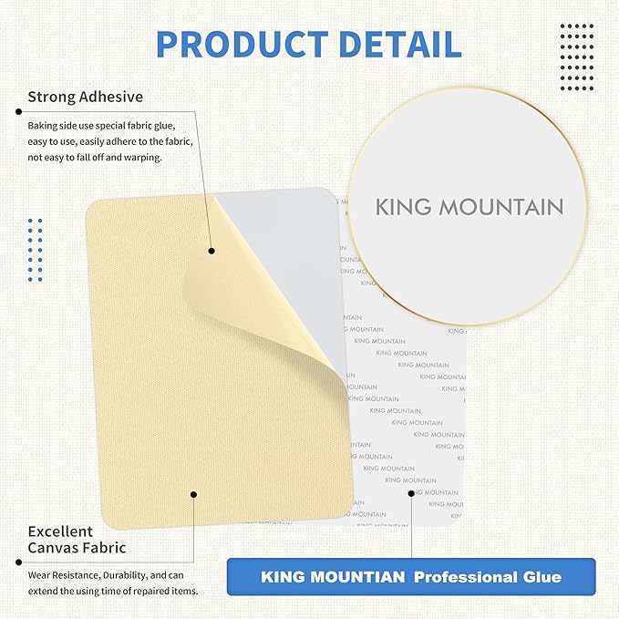 KING MOUNTAIN Canvas Repair Patch 9 x11 Inch 2 Pcs Self-Adhesive Waterproof Fabric Patch for Sofas, Tents, Furniture,Tote Bags, Car Seats (Beige)