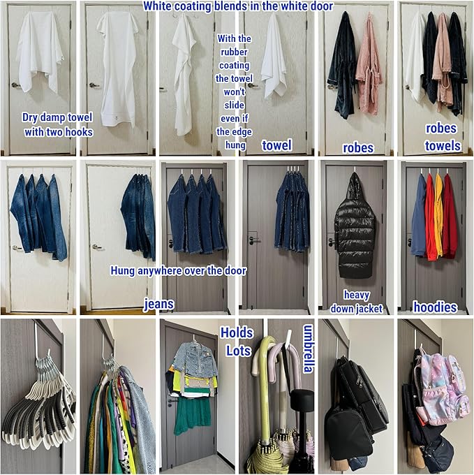 Over The Door Metal Hooks with Plastic Coating 5.5" Fit 0.5" to 1 3/8" Door 6 Pcs Heavy Duty Single Towel Robe Rack Wreath Bathroom Shower Hanger Shoe Organizer Ironing Board Short White