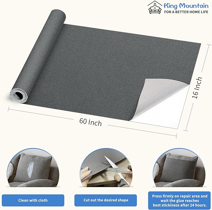 KING MOUNTAIN Canvas Repair Patch 16×60 Inch Self-Adhesive Waterproof Fabric Patch for Sofas, Tents, Furniture,Tote Bags, Car Seats (Dark Grey 2.0)
