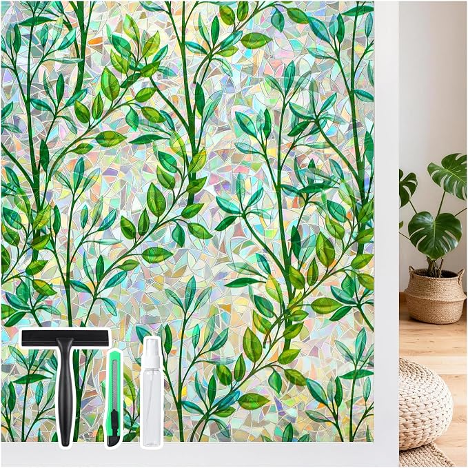 LUTE Stained Glass Window Privacy Film, Leaf Rainbow, 17.5" X 78.7" | No Glue by LUTE