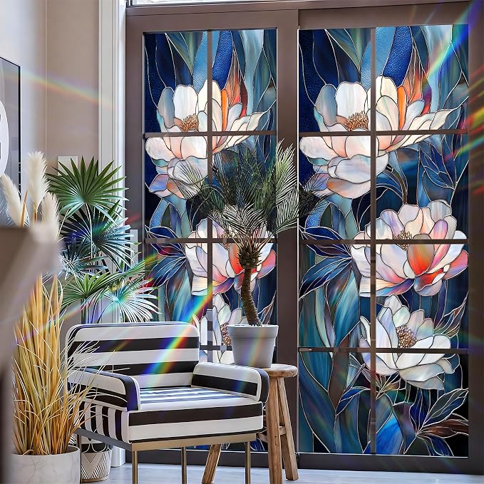Stained Glass Window Privacy Film: Non-Adhesive Sun and Landscape Mosaic Design - Image 3