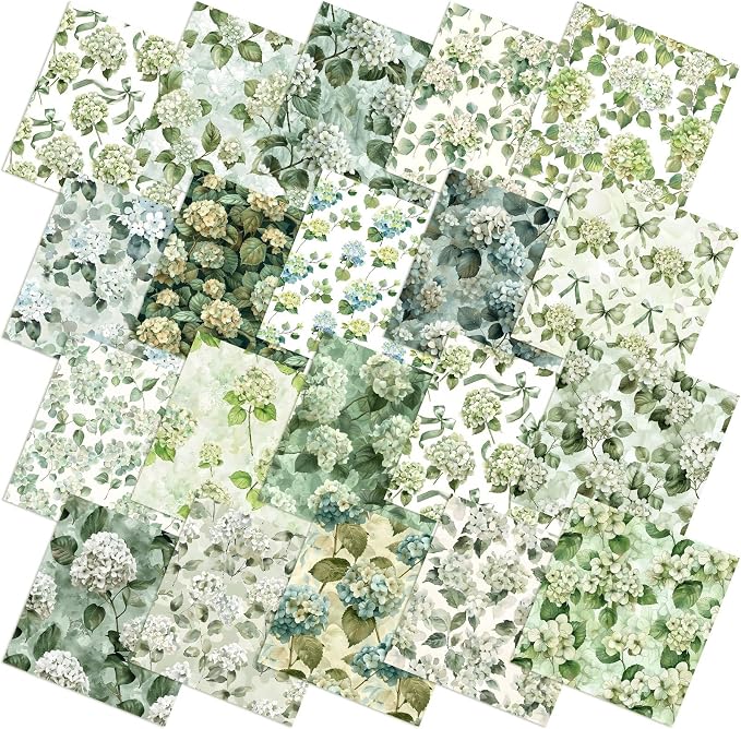 HunnmingRe 20 Pcs 10''x10'' Sage Green Hydrangea Quilting Fabric Square by HunnmingRe