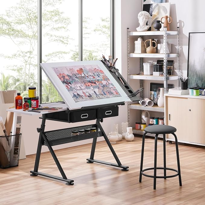 Yaheetech Adjustable Drafting Table Art Desk, Storage Drawers & Stool - Image 2