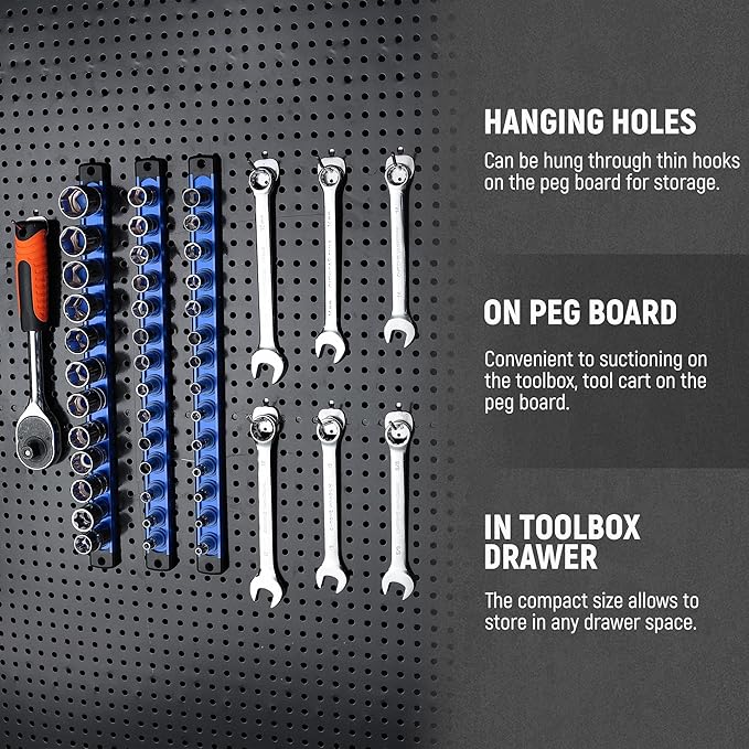 ALOANES Magnetic Socket Organizer, 3/8-Inch Drive Aluminum Socket Holder Socket Tray, Heavy Duty Socket Rail Organizer for Tool Box Drawer, 360°Swivel Clips Socket Rack 3/8-Inch x 14 Clips (Blue)