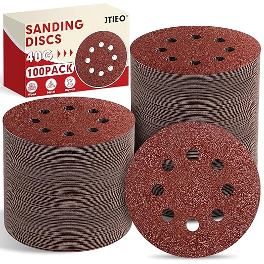 JTIEO 5 Inch Sanding Discs – 100 PCS 40 Grit Sandpaper Assortment, Hook & Loop Orbital Sander Pads, Round Sanding Pads for Random Orbital Sanders