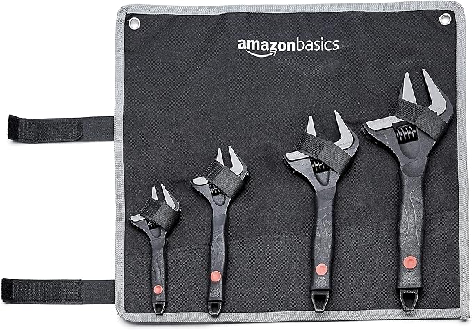 Amazon Basics 4-Piece Plumbing Adjustable Wrench with Soft Grip, Wide Mouth, Includes: 6-inch (150mm), 8-inch (200mm), 10-inch (250mm), 12-inch (300mm), 4 Sizes Bundle
