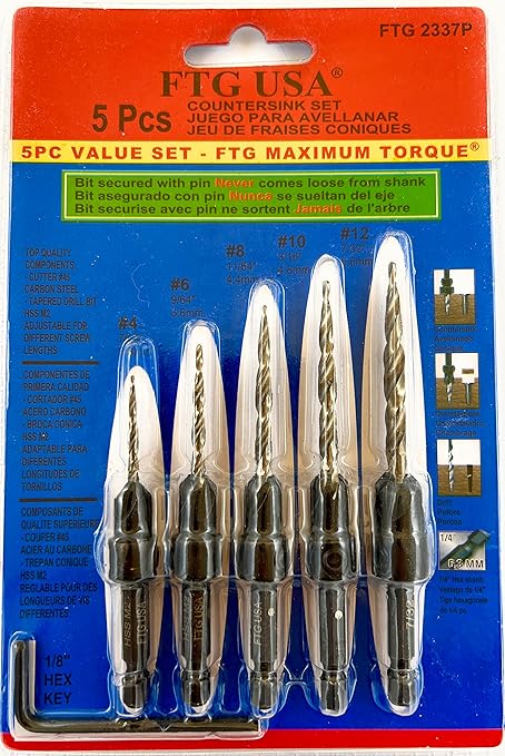 FTG USA Countersink Drill Bit Set 5 Pc #4#6#8#10#12 Tapered Drill Bit for Woodworking