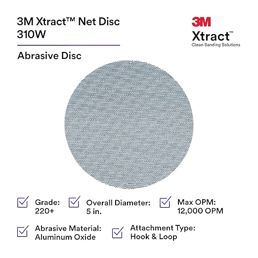 3M Xtract Net Disc 310W, 220+, 5 in, Die 500X, Pack of 50 Hook and Loop Sanding Discs, Virtually Dust-Free, Value Option for Metal, Wood, Composites, Stock Removal, and Fine Finishing