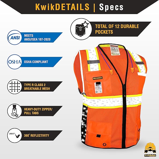 KwikSafety - BIG KAHUNA DIGITAL Safety Vest [LIMITED EDITION] Class 2 ANSI OSHA Reflective Vest Durable High Visibility Vest Construction Safety Vest for Men Industrial Work Gear/Orange Large