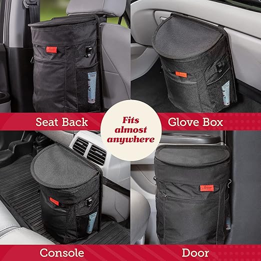 Lusso Gear Spill-Proof Car Trash Can (2.5 Gal, 2 Pack) - Easy to Clean Hanging Garbage Bin - Leak-Proof Lid, Removable Liner, Waterproof - Keeps Truck, SUV, Car, Minivan Clean & Odor Free (Black)
