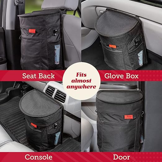 Lusso Gear Spill-Proof Car Trash Can - 2.5 gal Black Oxford - Leakproof & Waterproof Hanging Car Trash Bin - Organization Accessories with Removable Liner & Mesh Pockets - Boat Garbage Can