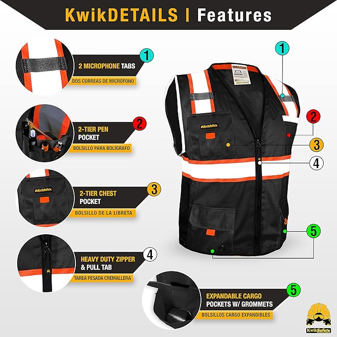 KwikSafety - Charlotte, NC - UNDERBOSS Safety Vest [11 POCKETS] Premium ANSI Class Unrated High Visibility Vest Construction Surveyor Reflective Vest Industrial Work Safety Vest for Men/Black XL