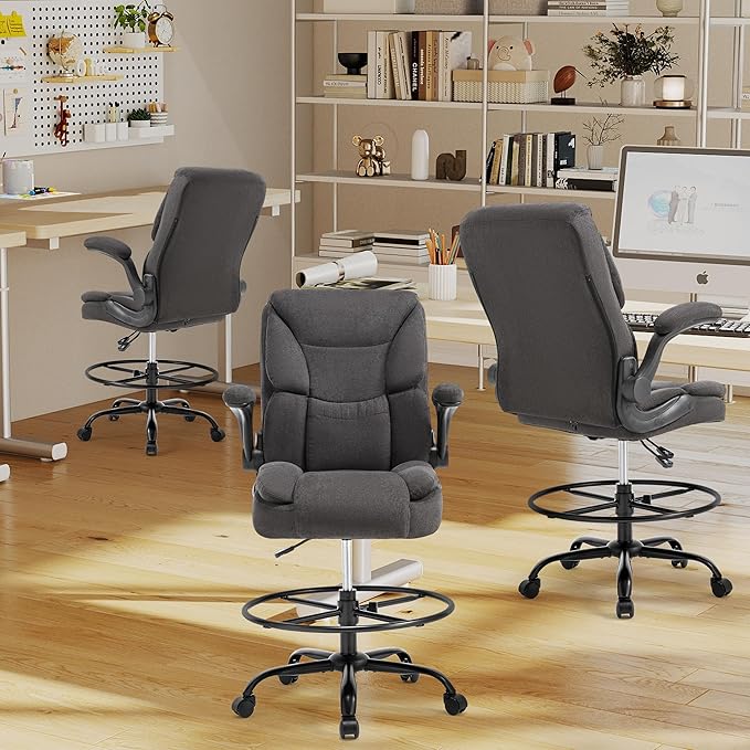 500LBS Drafting Chair, High Back Safer Standing Desk Chair, Executive Tall Office Chair with Flip-up Armrests, Upholstered Fabric Task Chair, Ergonomic Seat with Adjustable Height&Foot Ring, Black