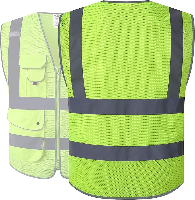 JKSafety 9 Pockets High Visibility Safety Vest for Men and Women, Hi-Vis Reflective Yellow Safety Vests with Zipper Front, Meet ANSI/ISEA Class 2 Type R(159-Yellow 5XL)