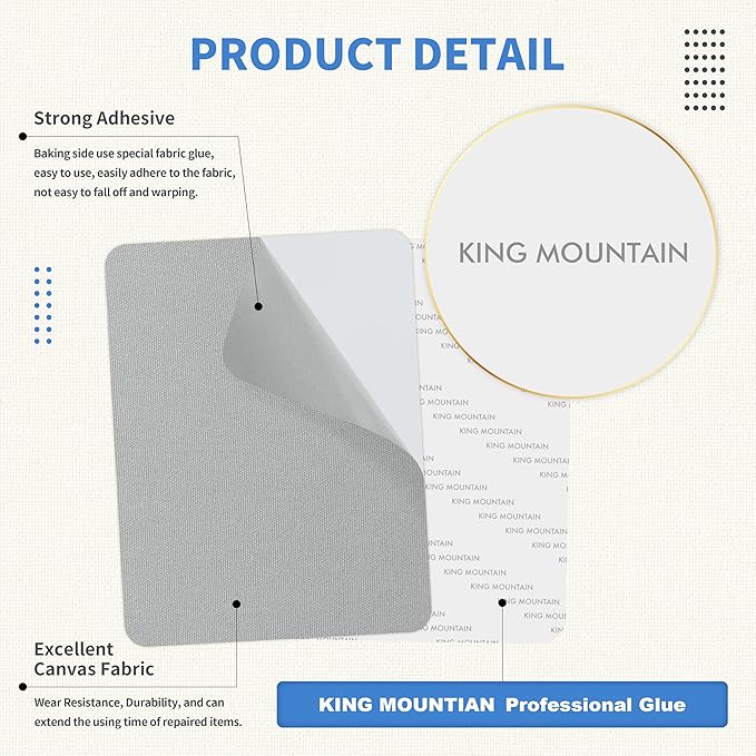 KING MOUNTAIN Canvas Repair Patch 5×8 Inch 8 Pcs Self-Adhesive Waterproof Fabric Patch for Sofas, Tents, Furniture,Tote Bags, Car Seats (Grey2.0)