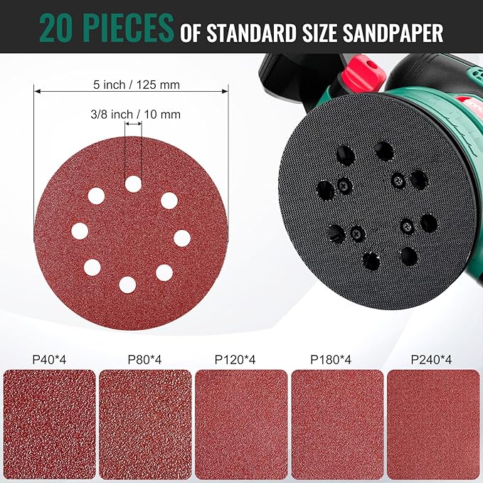 Orbital Sander 3.8Amp 450W, HYCHIKA 6 Variable Speeds Double Handle Palm Random Orbit Power Sander, 5-Inch Electric Sander with 20pcs Sandpapers, Dust Collector for Woodworking
