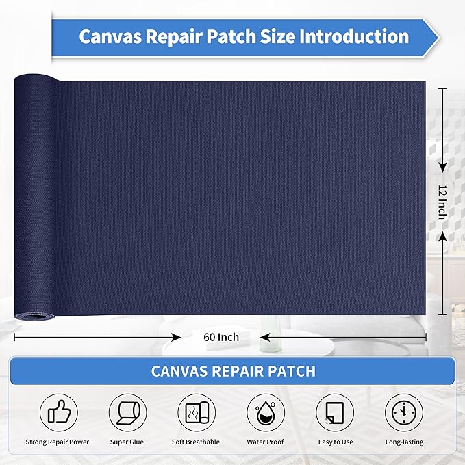 KING MOUNTAIN Canvas Repair Tape,Outdoor Gear Patch, 12×60 Inches,Waterproof,Self-Adhesive for Repairing Boat Covers,Sun Shades,Sofas,Tents,Lounge Chairs,Awnings (Dark Blue)