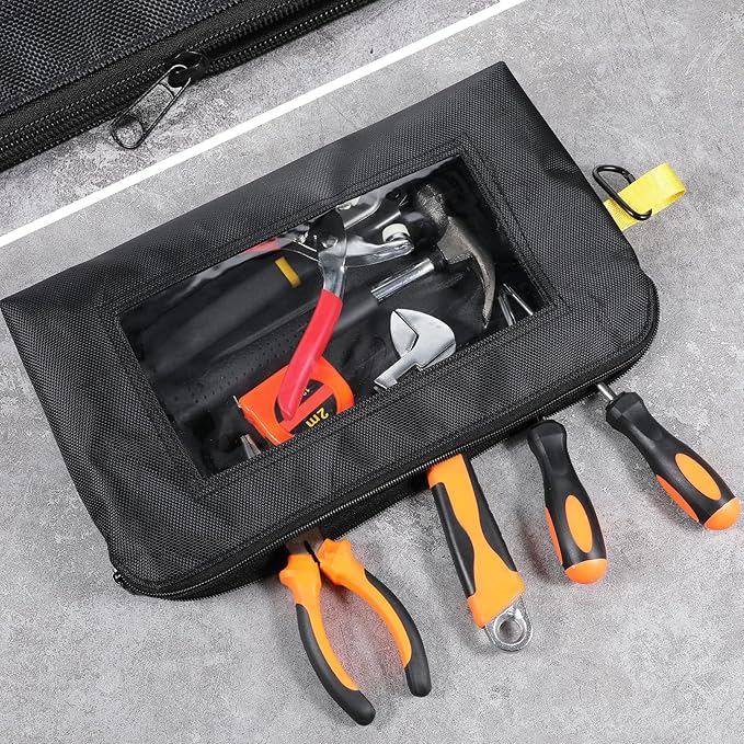 3 Pack Small Tool Organizer Bag, 1680D Oxford Tool Pouch with Zipper, Clear Window Tools Bag Organizer, Heavy Duty 13 x 7.5 x 2 in Tools Pouches for Electricians