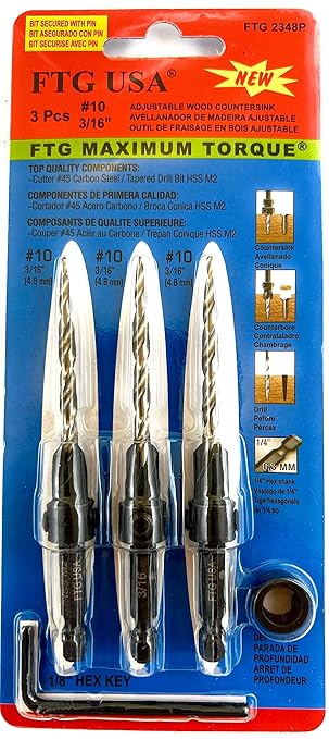 FTG USA Adjustable Wood Countersink Drill Bit Set 3 Pc #10 (3/16") with Tapered Drill Bit for Woodworking