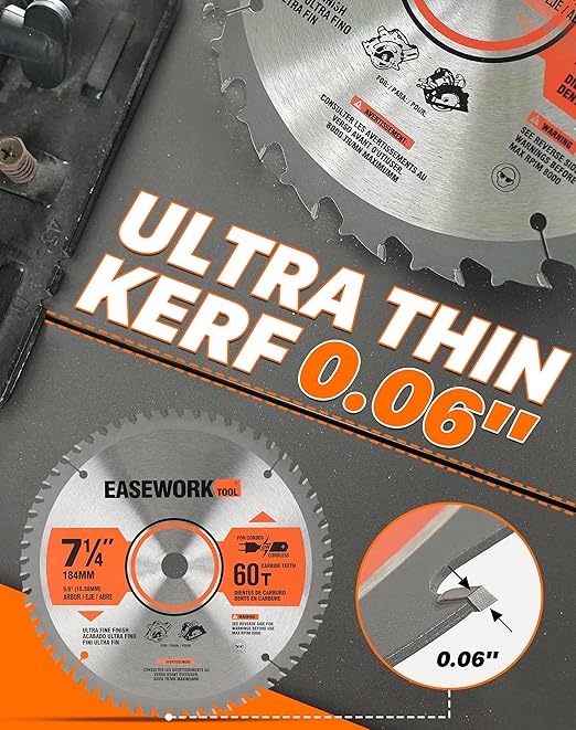 EASEWORK 7-1/4 Inch Circular Saw Blade, 60T, 5/8" Arbor, ATB TCT, 3-Pack, Ultra-Fine Finishing for Softwood & Hardwood Crosscutting, Fits DEWALT DCS570B, DCS577B, DWA171460, Diablo D0760A