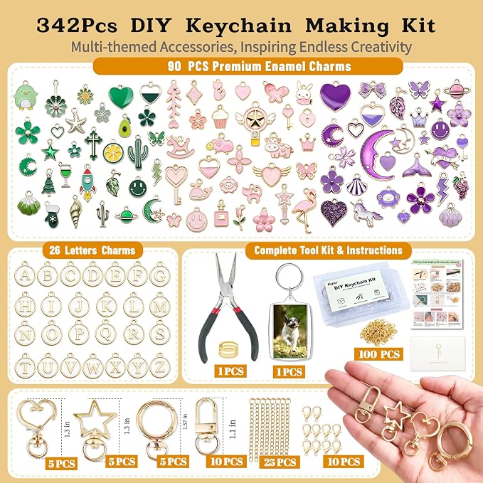 Kupor 342Pcs DIY Keychain Making Kit – 25 Keychains, Storage Box & Instruction - Image 4