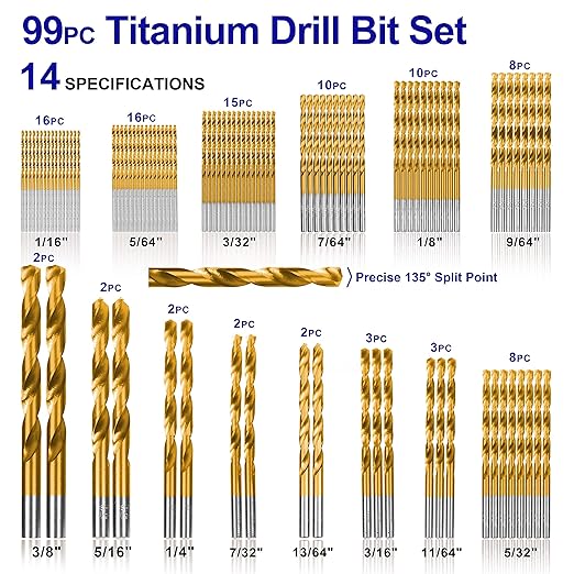 99 Pieces Titanium Twist Drill Bit Set, 135° Tip High Speed Steel, Size from 1/16" up to 3/8", Ideal Drilling in Wood/Cast Iron/Aluminum Alloy/Plastic/Fiberglass, with Hard Storage by HURRICANE