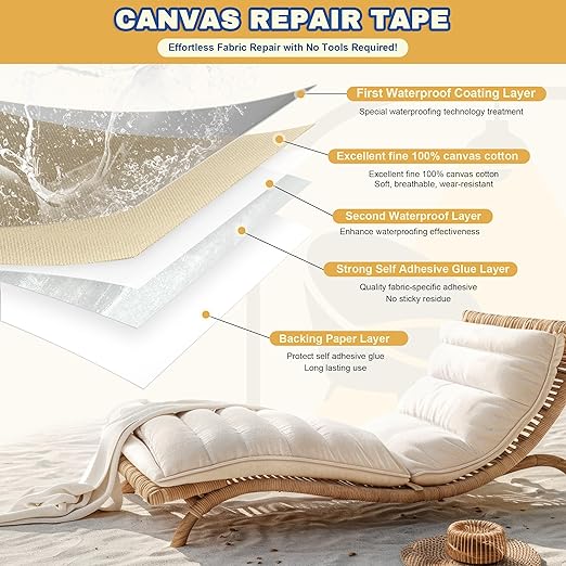 Canvas Repair Tape, 3.2 x 63 Inch Waterproof Heavy Duty Fabric Tape for Furniture, Self Adhesive Canvas Repair Patches for Boat Covers, Sofas, Tents, Louge Chairs, Canopy, Awning Beige Yellow