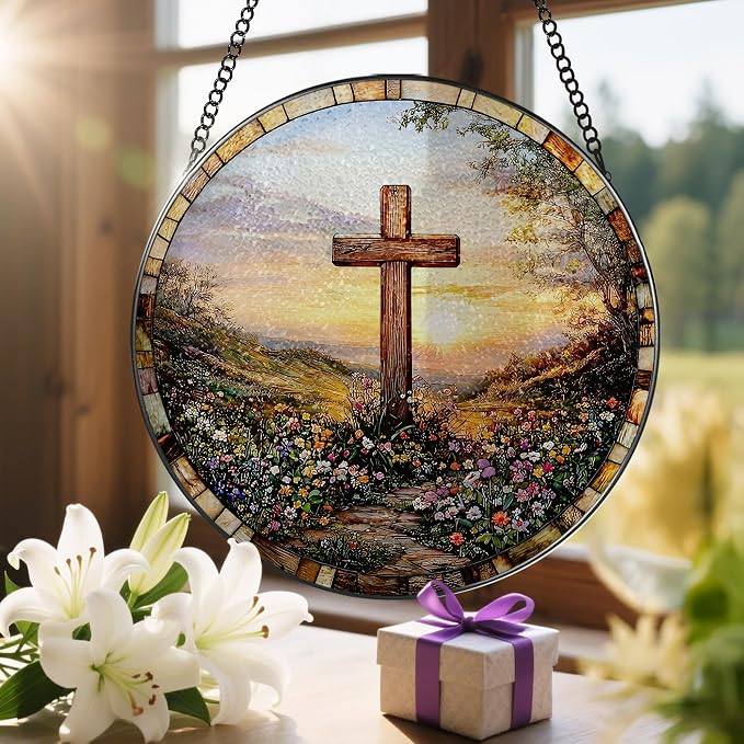 8 Inches Cross Sunset Stained Glass Suncatcher, Christmas Ornament, Window - Image 6