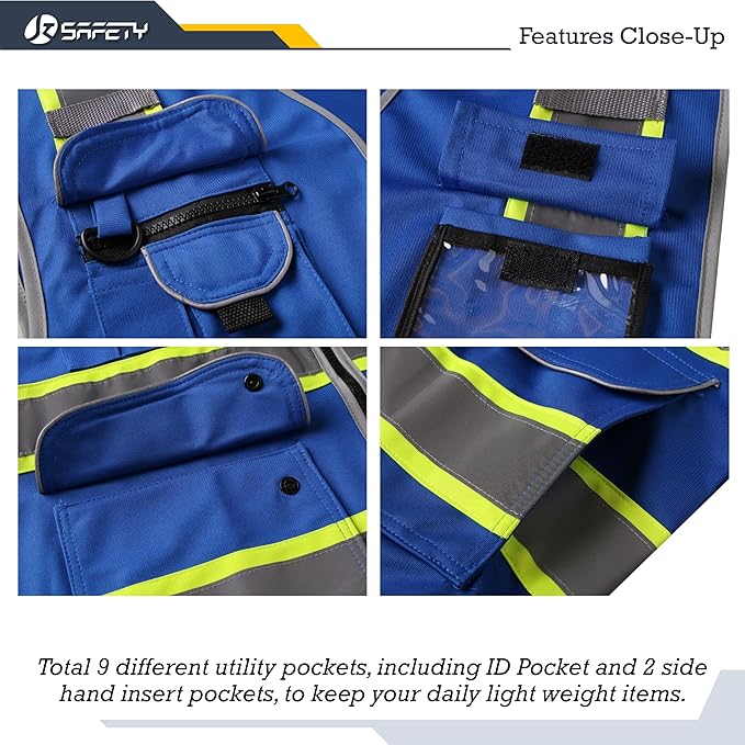 JKSafety 9 Pockets Hi-Vis Safety Vest High Visibility Reflecitive Safety Vests for Men and Women Work Utility PPE Work Gear ANSI/ISEA compliant (902-Blue 5XL)